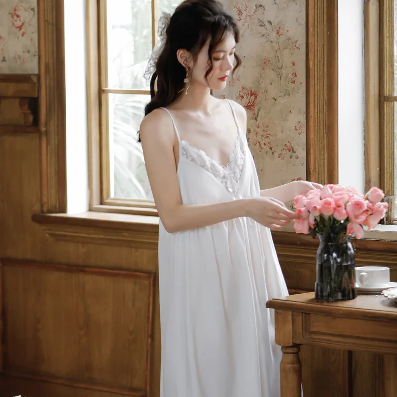 Sexy Lace Cotton Night Dress Women Sleeveless Fairy Blue V Neck Sleepwear Princess Nightwear Embroidery Vintage Mini Nightgowns