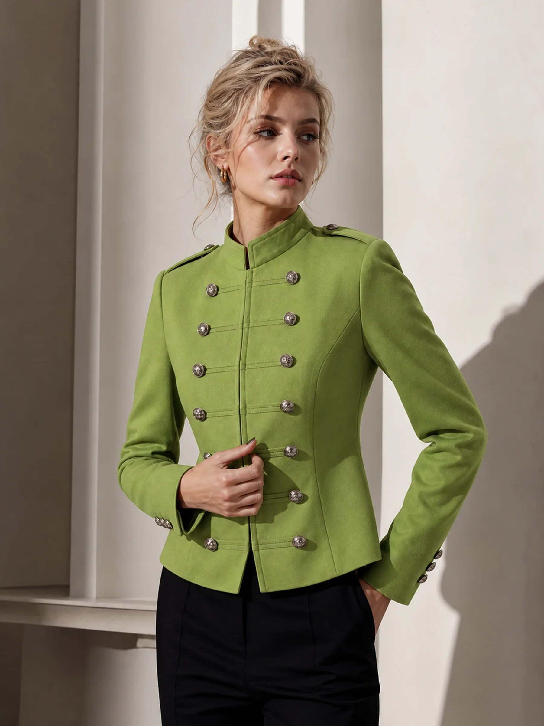 Elegant Women Stand Collar Double Breasted Military Jacket Slim Fit Waist Cropped Blazer Solid Color Lady Fashion Outer Coat
