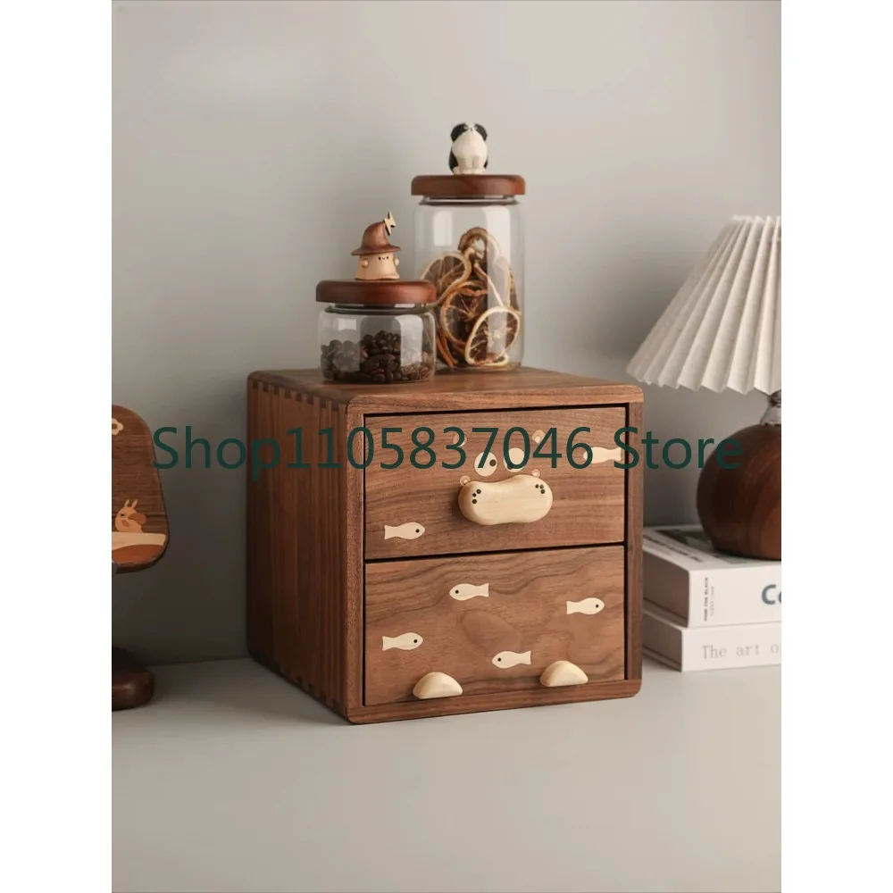 Double layer storage cabinet, black walnut desktop storage box, solid wood entrance drawer cabinet, jewelry box