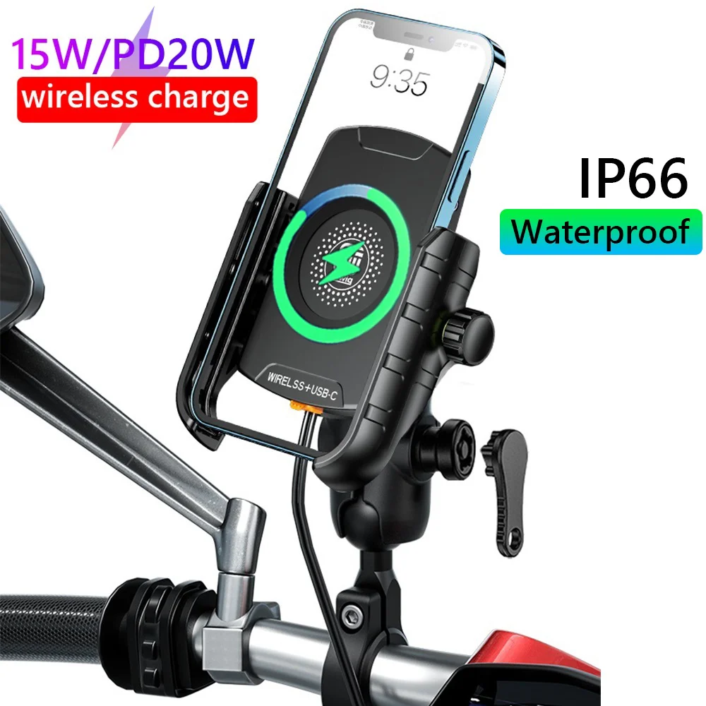 Motorcycle Phone Holder 15W Wireless Charger 20W QC3.0 USB C Charging Handlebar/Rear-View Mirror Phone Mount for 4-7