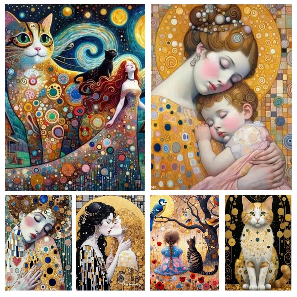 5D Diamond Painting New 2024 Gustav Klimt Cat Lady Kiss Cross Stitch Kit DIY Mosaic Diamond Embroidery Flowers Fairy Home Decor