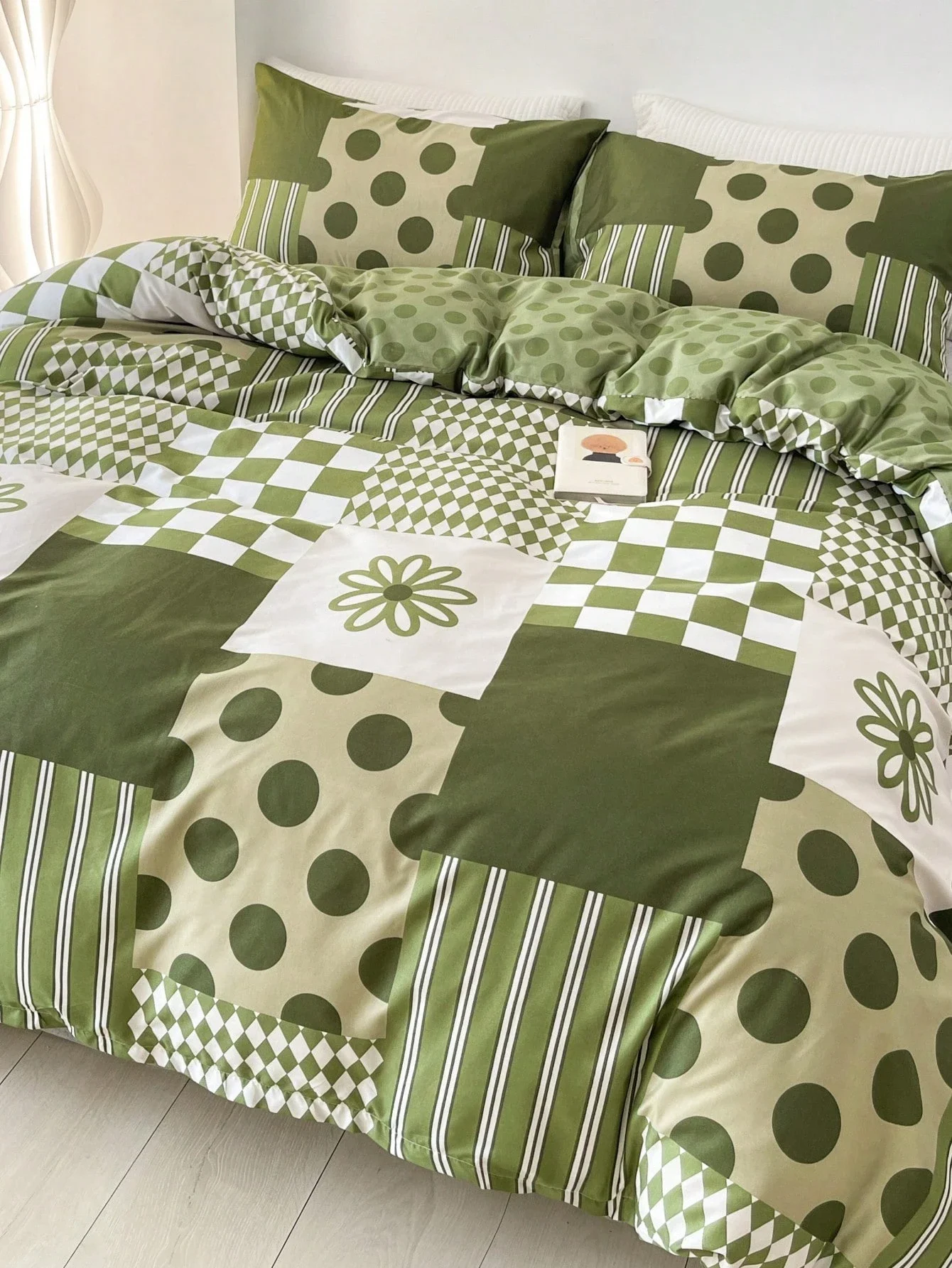 3pcs Modern Flower And Geometric Pattern Duvet Cover With 2 Pillowcases Beding Sets Patchwork Design Room Decor Single Full Size