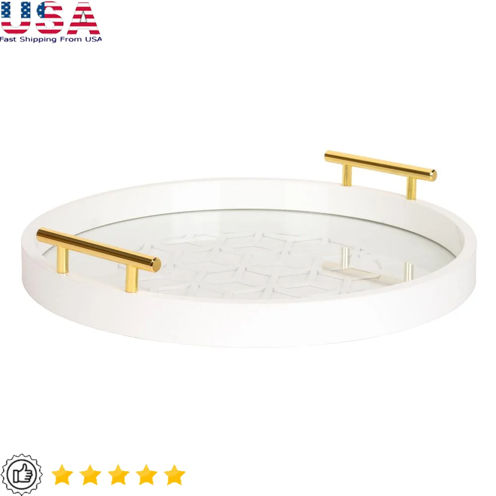 

Caspen Glam Decorative Serving Tray Round Portable Accent Tray with Polished Gold Handles Multifunctional Centerpiece Vanity