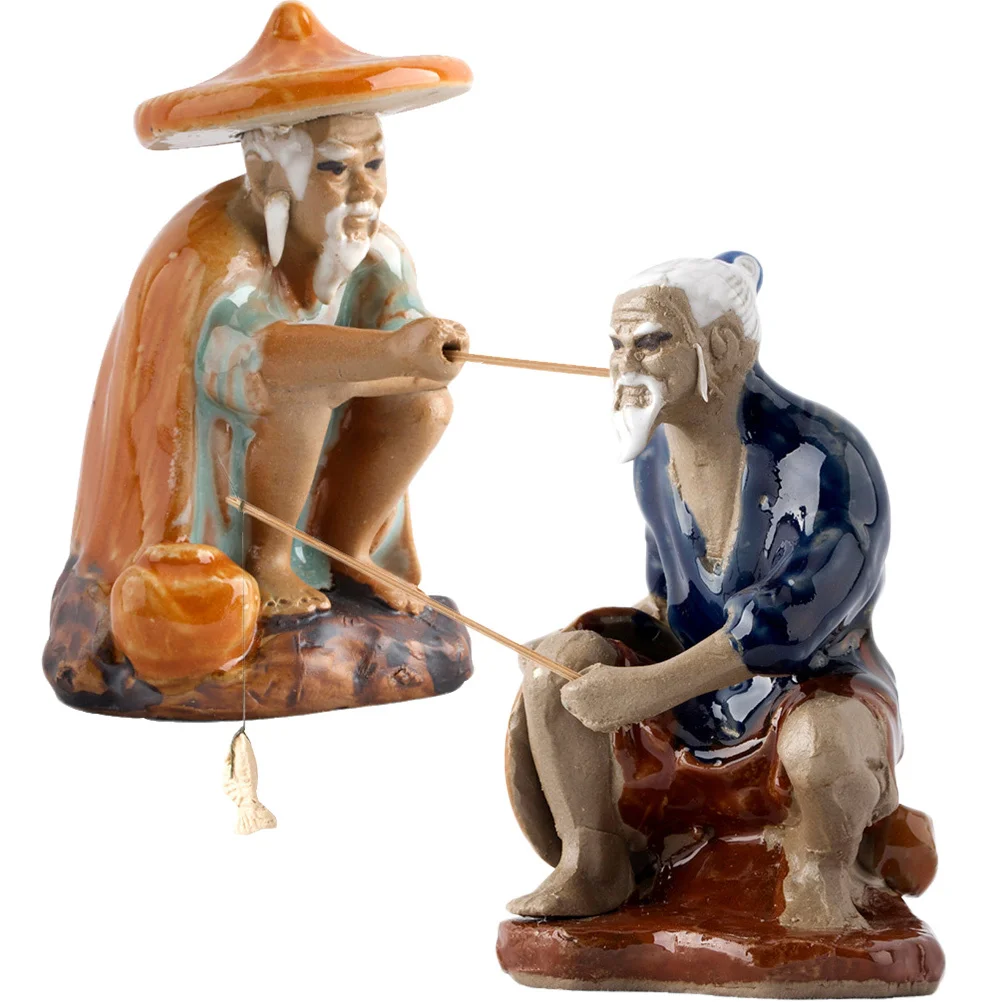 

2Pcs Ceramic Fisherman Adornment Exquisite Home Decors Long Lasting Water Storage Ceramic Fisherman Ornament Bonsai Decors