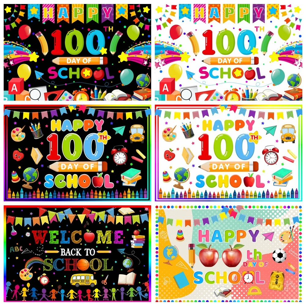 

Happy 100th Day School Photography Backdrop Preschool Kindergarten Pencil Classroom Party Decor Kids Portrait Photo Background