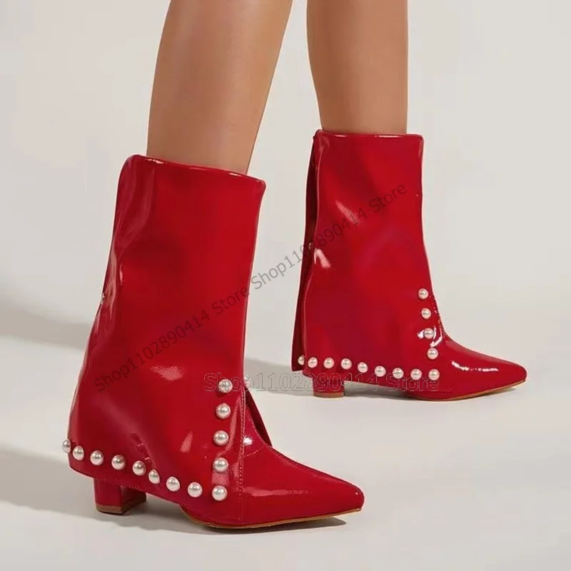 

Pearl Decor Red Turned Over Pointy Toe Boots Mid Calf Slip On Women Shoes Chunky High Heels New Fashion 2023 Zapatos Para Mujere