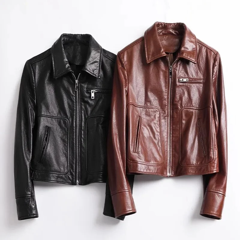 Cowhide Real Motorcycle Jackets for Women Spring Autumn 2024 Trend High-end Vintage High Waist Cropped Genuine Leather Coats