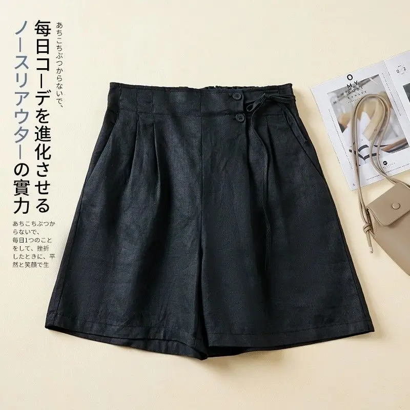 Pantalones cortos de pierna ancha para mujer verano color sólido lino