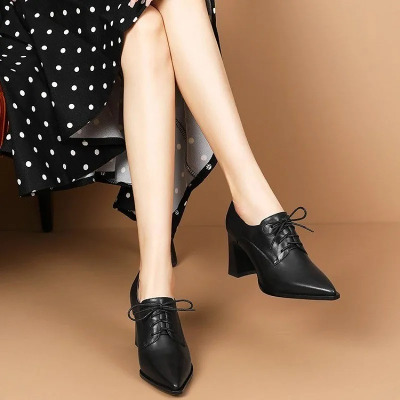 Spring 2024 New High Heel Women's Versatile Deeper Pocket Strap Pointed Toe Work Leather Shoes Soft Surface Single Shoes