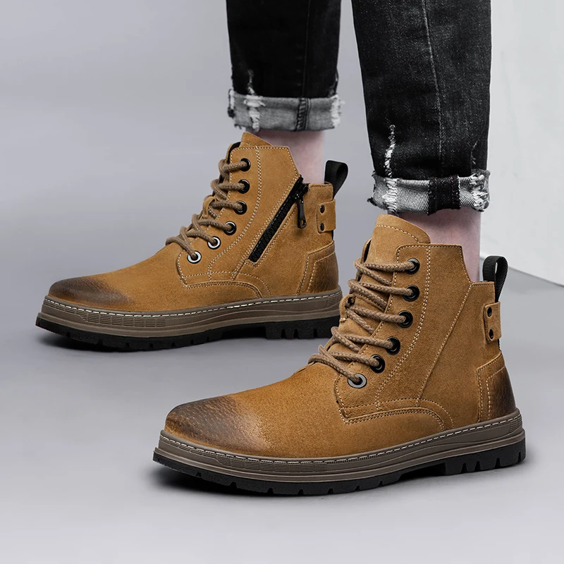 Men's leather boots Autumn vintage work boots British style high top platform leather boots