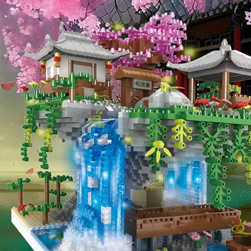 2705PCS Ancient Architecture Peach Blossom Pond Castle With Light Building Blocks Set Assembly Diamond Brick Toys Children Gifts