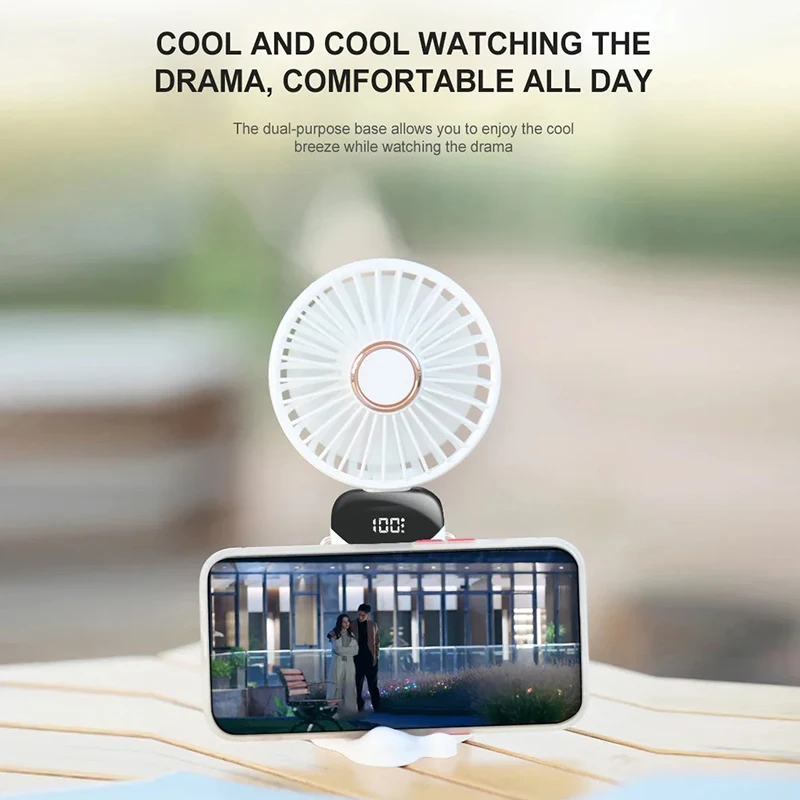 Ventilador recargable por Usb de 5 velocidades con soporte para teléfono, Mini ventilador de mano con pantalla de visualización, Plegable, portátil,