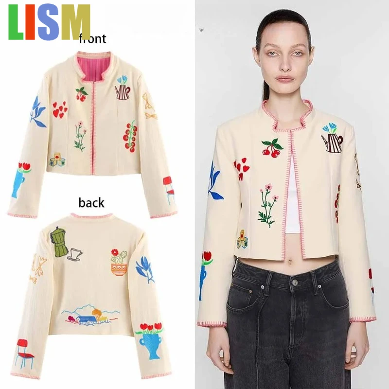 

LISM 2025new in coats and jackets Women's Casual Sweet Loose Round Neck Long Sleeve Contrast Embroidered Short Coat