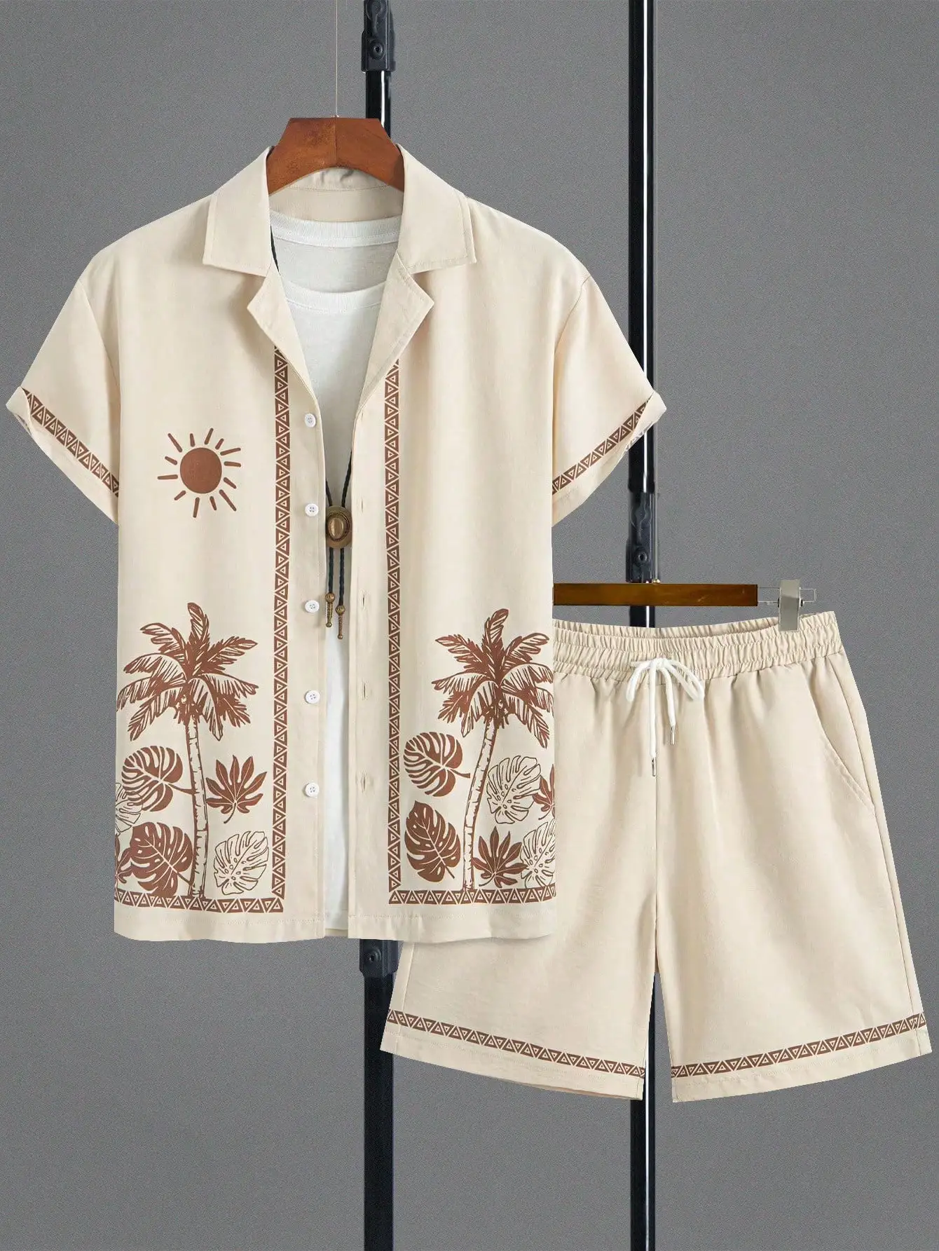 

Men's 2-Piece Vacation Set: Beige Short Sleeve Button-Down Shirt & Shorts with Tropical Print