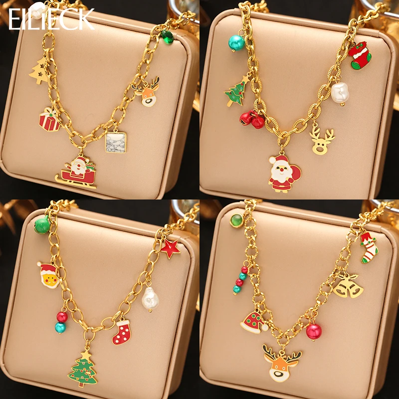

EILIECK New Stainless Steel Christmas Snowman Reindeer Tree Necklace For Women Fashion Neck Chain Handmade Jewelry Holiday Gift