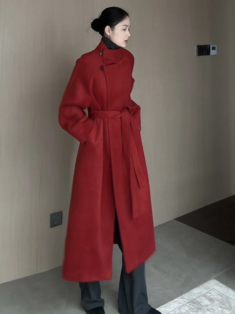 

Red Mid-Length Woolen Coat Stand Collar Winter Commute Sle Long Sve Regular Fit Pure Color Inner Polyester Fiber
