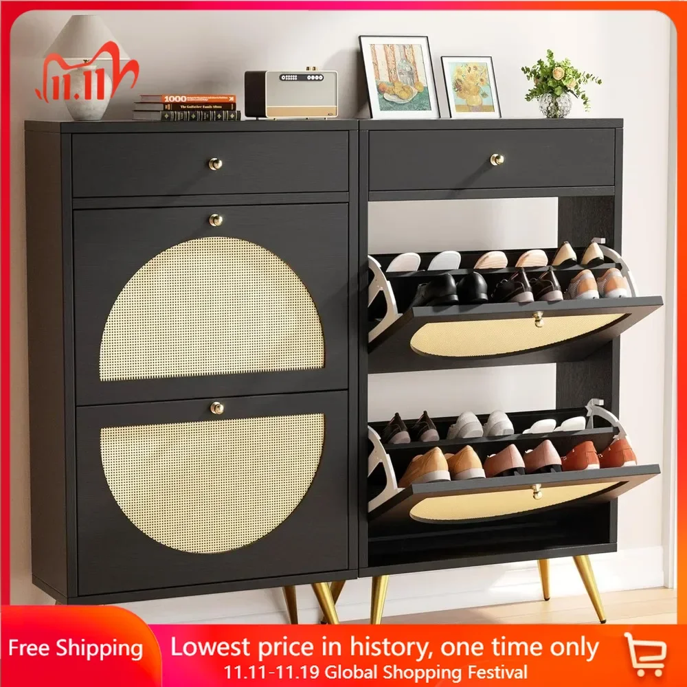 Rattan Shoe Cabinet 4 Flip Door , Freestanding Shoe Rack Storage Organizer with 3-Tier Adjustable Shelves，Shoe Rack