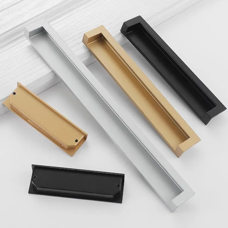 Embedded Hidden Cabinet Handles Matte Black Slot Install Longer Wardrobe Cupboard Pulls Modern Zinc Alloy Kitchen Accessories