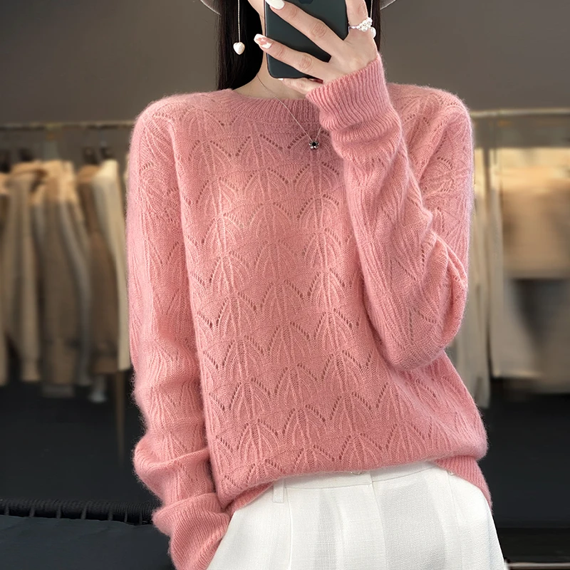 Pullover 100% Wool Sweater Women\'s Knitted Thin Hollow Long Sleeve Sweater Loose and Comfortable New Product Women\'s Sweater