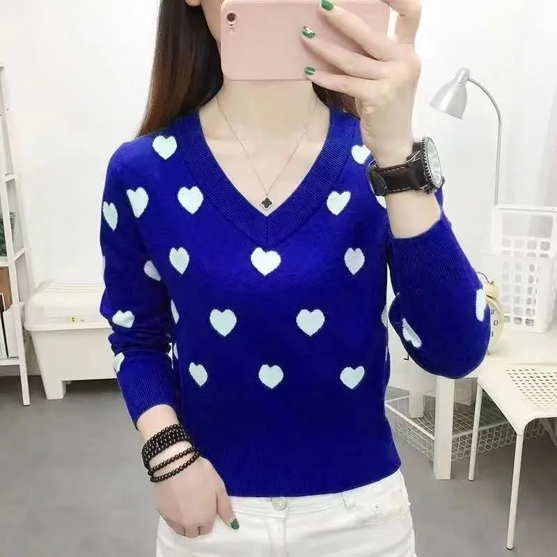 Fashion V-Neck Spliced Casual Sweaters Women\'s Clothing 2024 Spring New Loose Knitted All-match Pullovers Korean Tops