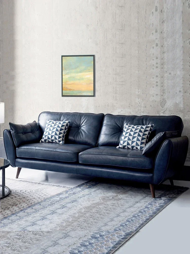 0 Nordic Genuine Leather Sofa Small Apartment Living Room Office Clothing Store Modern Simple Dark Green Oil Wax Leather