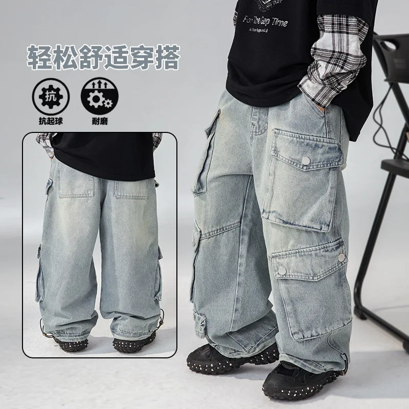 

High Quality Kids Heavy Work Baggy Cargo Jeans for Tweens Child Fashion Jeans Trousers Teens Boy Loose Fit Pocket Denim Pants