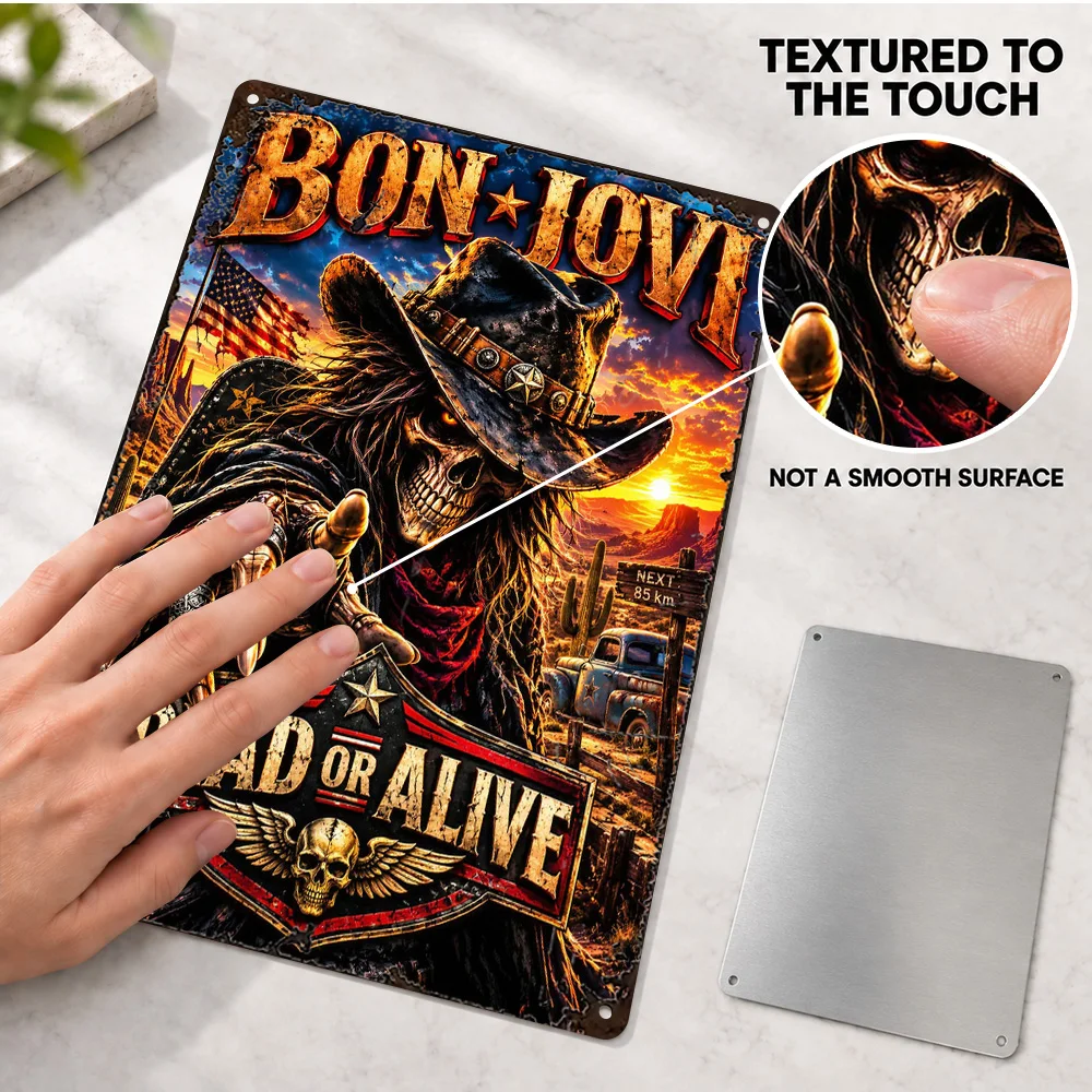 Bon Jovi Cowboy Skeleton Aluminum Poster Personalized Metal Sign Western Fantasy Wall Art For Listening Lounge Musician Gift