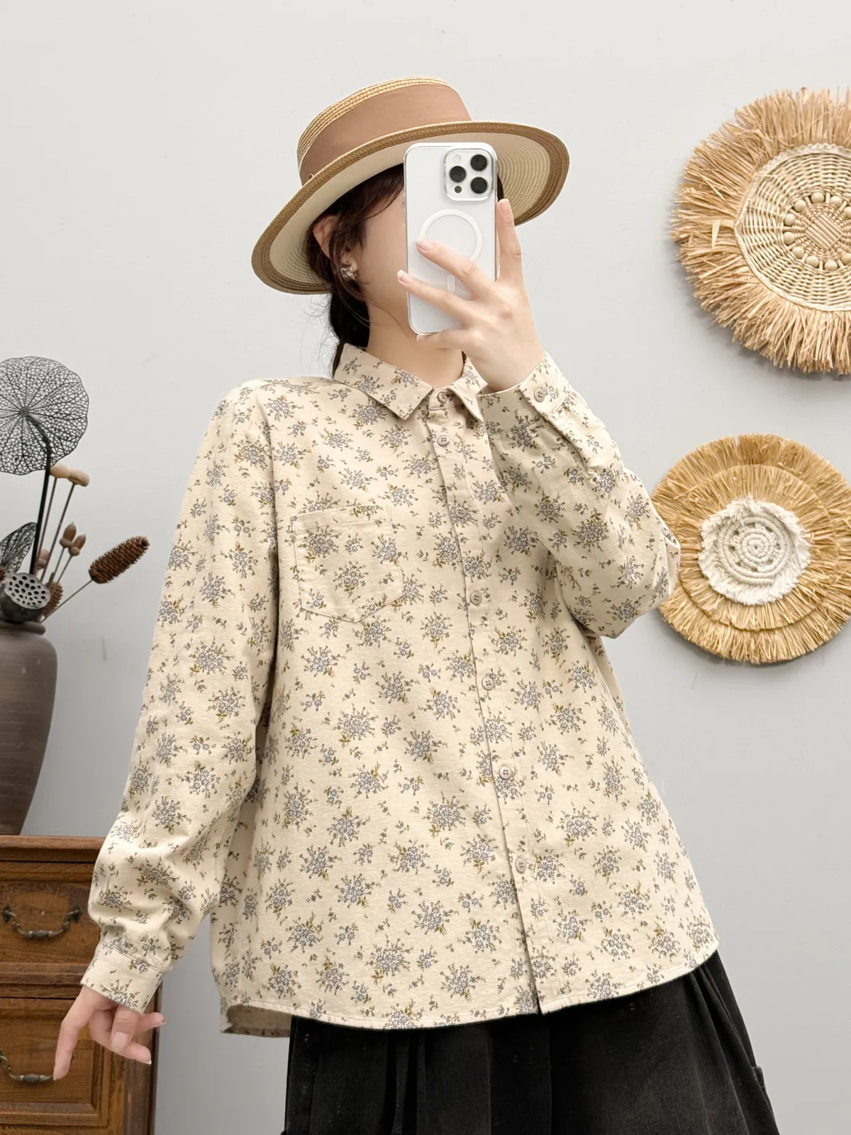 2026 Winter brushed shirts & blouses for women autumn Japan style vintage long sleeve printed shirts lady tops and blouses