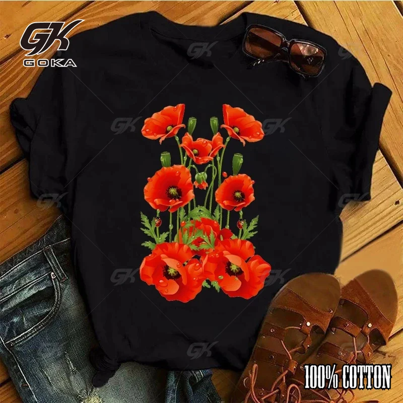 Fashion Red Poppy Women Cotton T Shirt Beauty Flower Print Black Top Tee Female Short Sleeve Tshirt Harajuku Floral Girl T-shirt