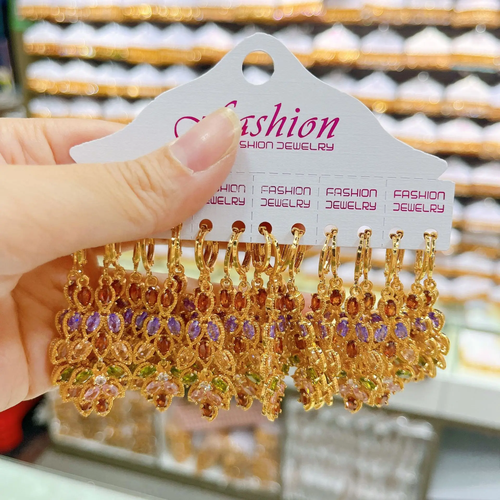 12 Pairs Women's Gold-Plated Copper Tassel Earrings with Multi-Petal Leaf Zircon Fashion Jewelry Accessories for Wedding Gift