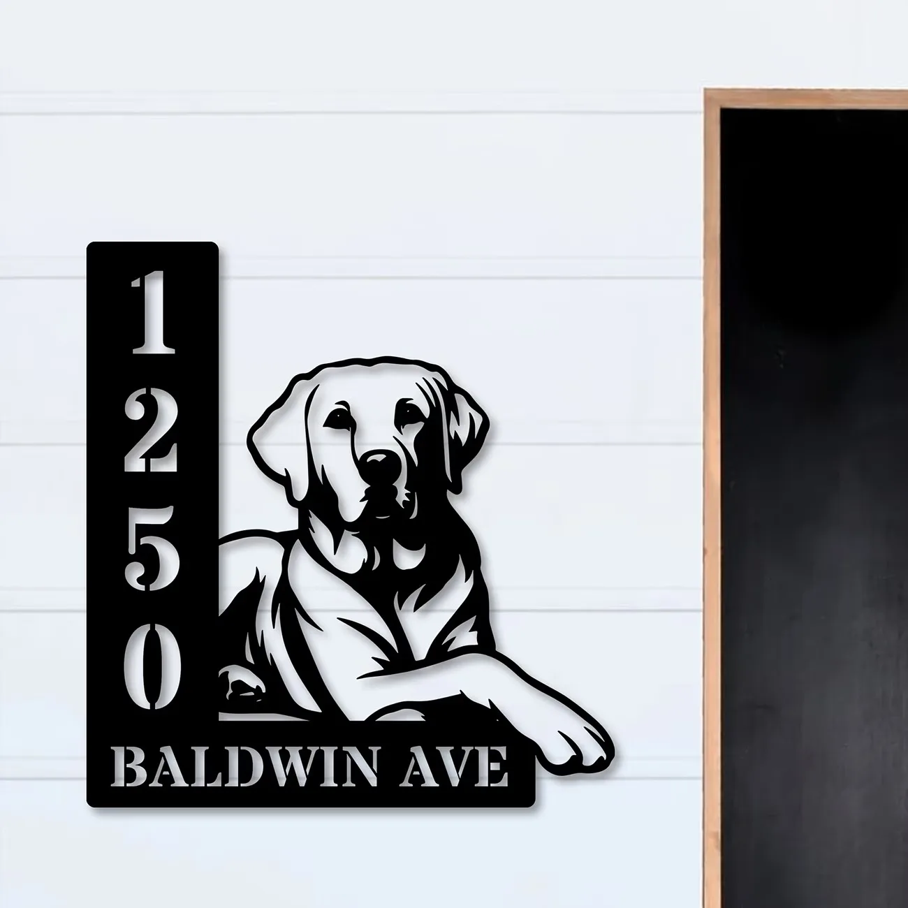 Art Deco Personalized Labrador Retriever Dog House Number Sign, Metal Wall Address Plaque with Pre-Pasted Mounting