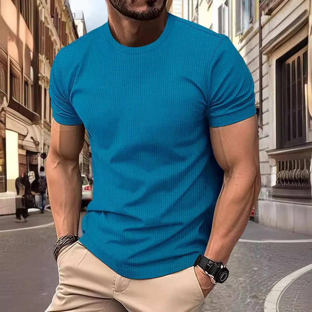 New summer men\'s fashion high-end mesh ice silk short-sleeved T-shirt crewneck trend casual solid color nylon slip men\'s T-shirt