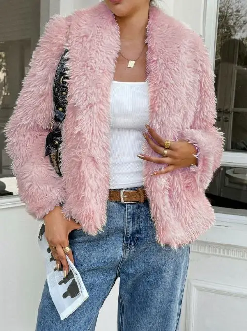 Cappotto casual a maniche lunghe in peluche autunno e inverno 2025, cappotto corto in lana di agnello caldo e lussuoso alla moda in tinta unita da donna