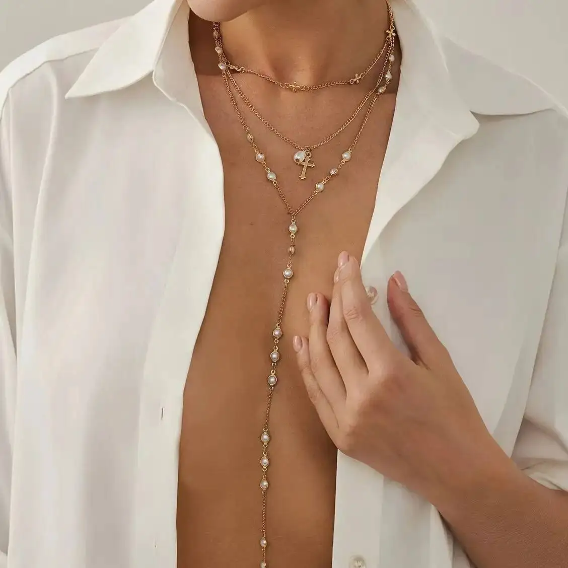 

SHIXIN 3Pcs/Set Sexy Imitation Pearl Chest Chain Long Necklace for Women Hip Hop Stackable Jesus Cross Pendant Sweater Chain New