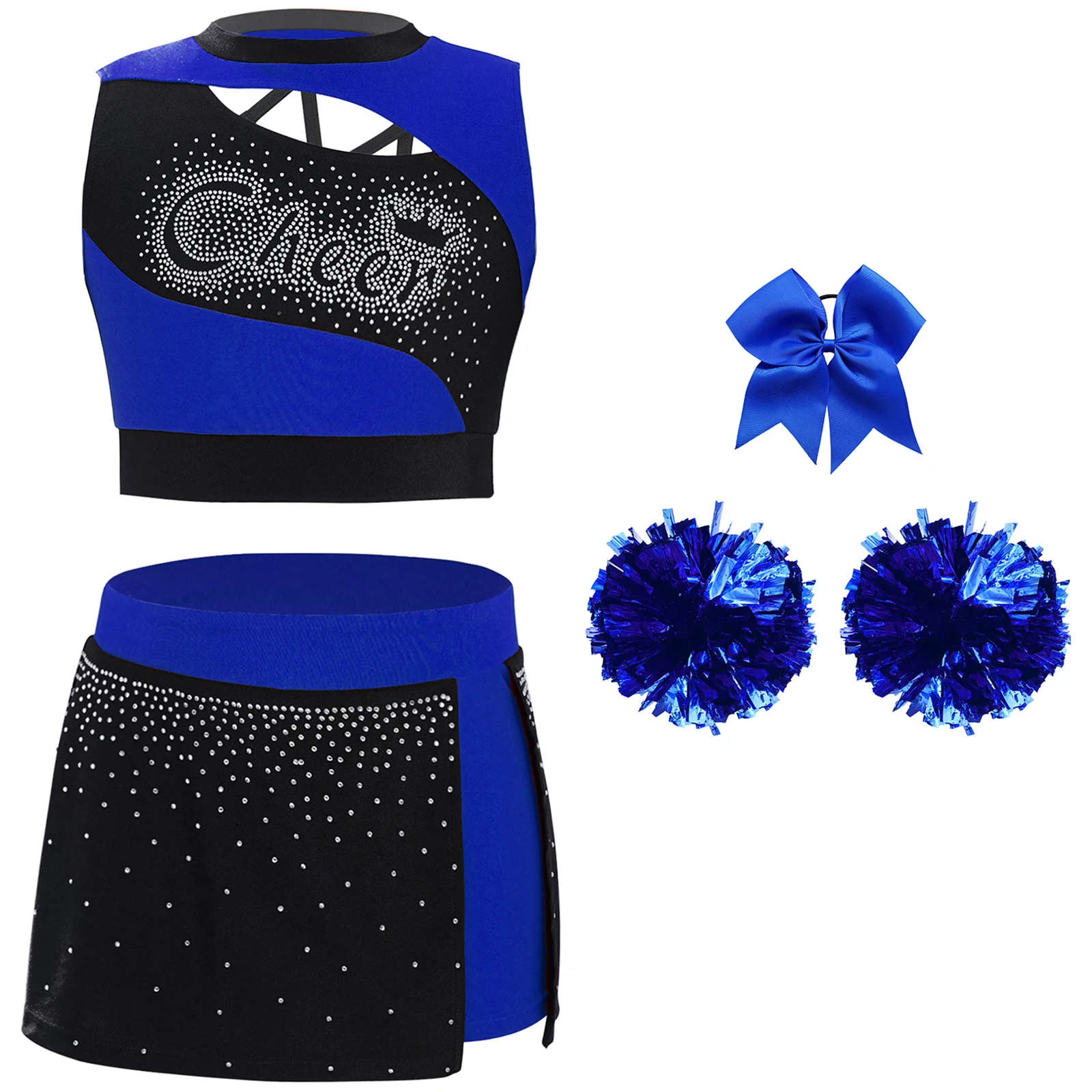 

Kids Girls Cheerleading Dance Outfit Sleeveless Sparkling Rhinestones Crop Top+Side Slit Skirt+Headwear+Flower Balls Streetwear