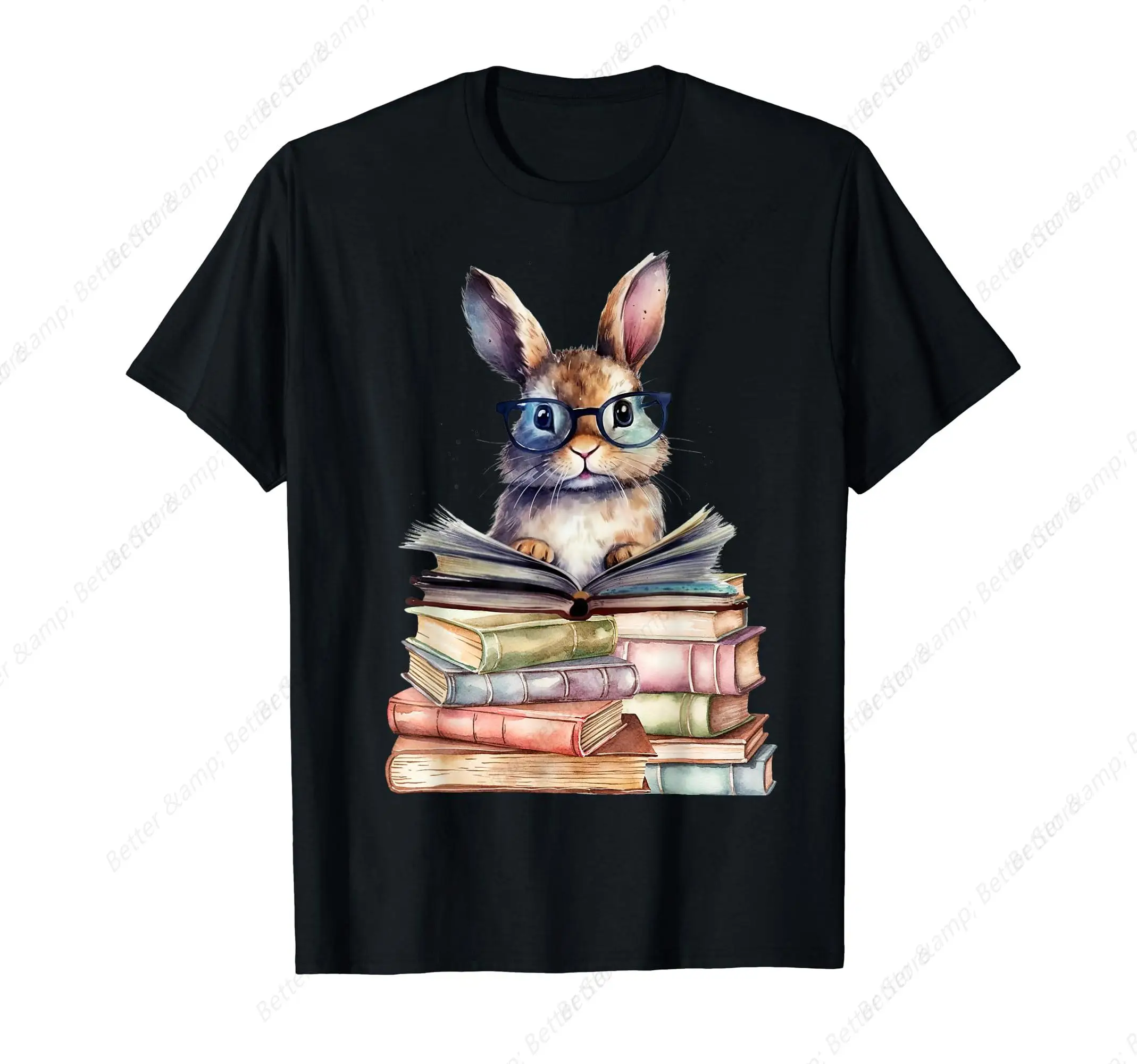 Cute Reading Bunny With Glasses Books Bookworm Reader Book T-Shirt  Rock T Shirt Hip Hop Streetwear T Shirt