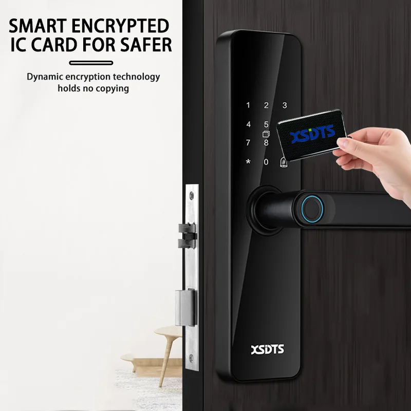 XSDTS Wifi Electronic Door Lock Tuya APP Remotely Biometric Fingerprint Smart Card  Password Key Unlock Home House Apartment