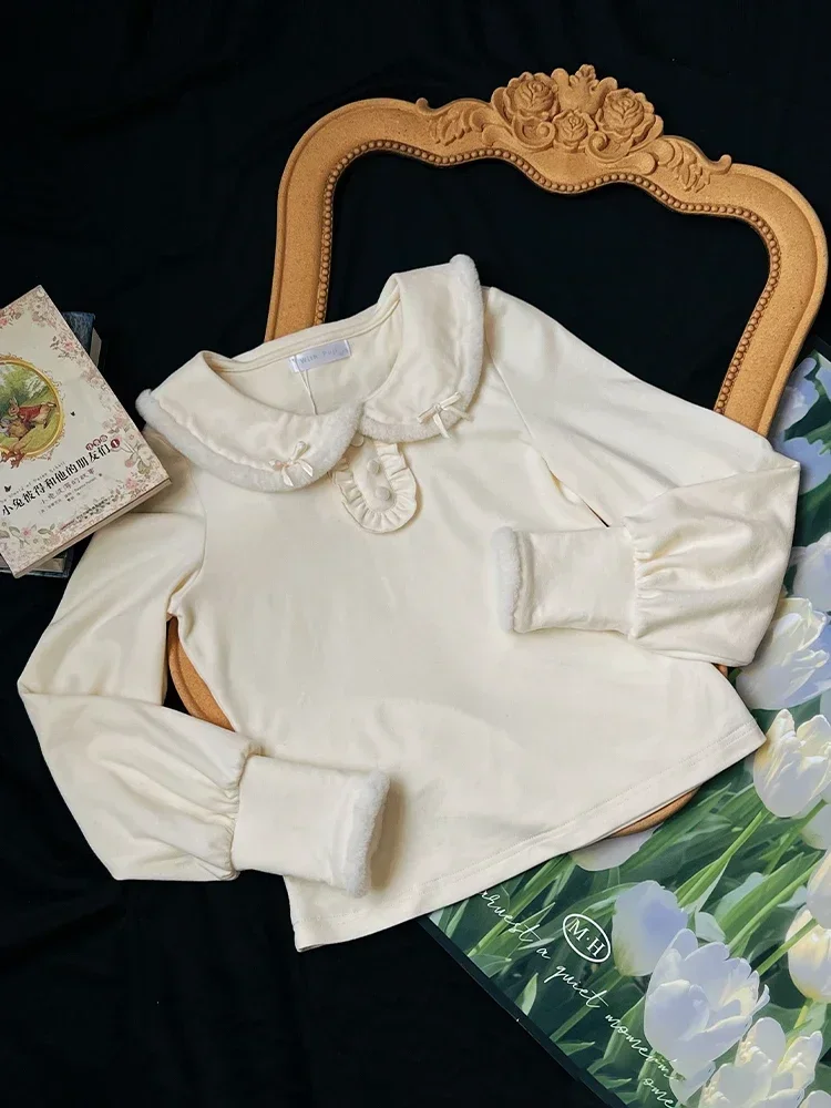 New 2023 Autumn and Winter Women's Warm Lantern Sleeve Lolita Inner Wear All-match Black and White Doll Collar Knit Sweaters