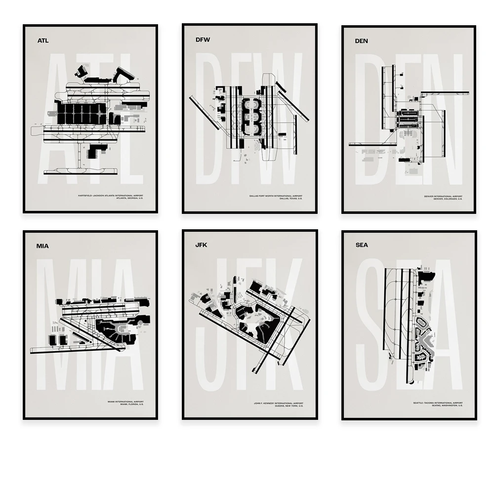 

Atlanta airport map, Las Vegas, Chicago, Seattle, Miami, Denver, Dallas airport art posters, airport runways, air travel art