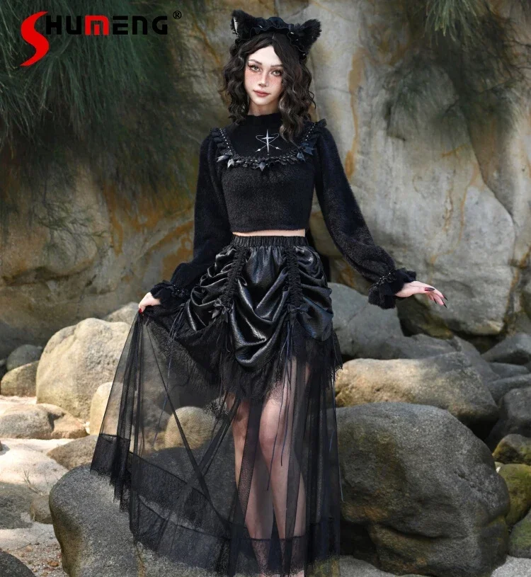 

Original Gothic Dark Hot Girl Mid-length Leather Skirt Women Elastic Waist Lace Splicing Mesh Bow Drawstring Y2k Black Skirts