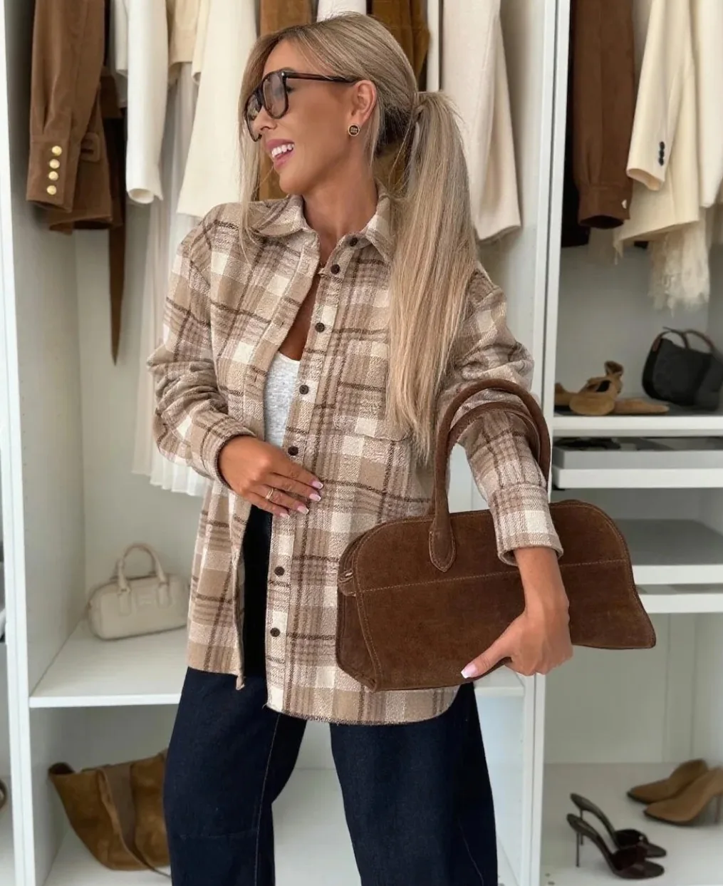 

Women's Autumnwinter Solid Color Plaid Loose Casual Fashion Daily Commuter Style Top Long Sleeve Lapel Single-breasted Shirt