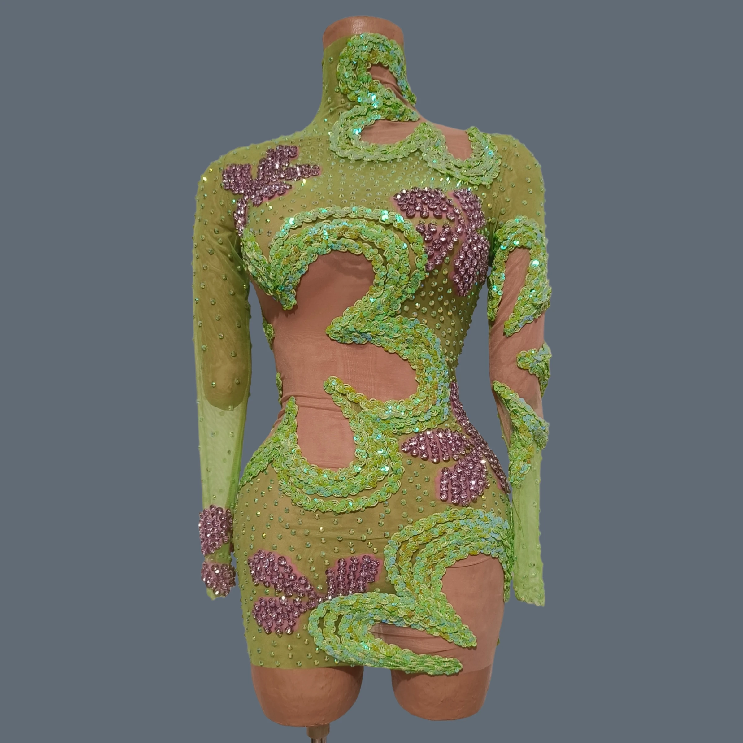 

Light Green Sequin Floral Cutout Mini Dress Women High Neck Long Sleeve Mesh Sheer Bodycon Stage Performance Outfit Chunhua