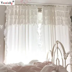 Premium Cotton White Blackout Curtains for Living Room,Fashion Princess Lace Window Drape with Ties for Bedroom,High-end Cortina