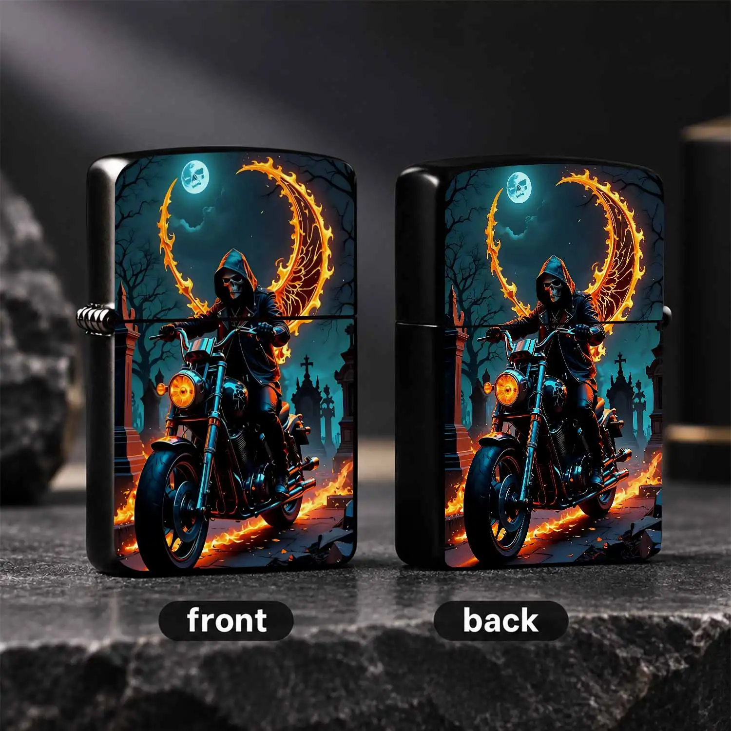Stylish Grim Reaper Biker Themed Lighter, Spooky Dark Cemetery Moonlit Flame Design, Fits All Daily Scenarios, Great For Personal, Unique Present Choice With Cool Aesthetic, No Extra Hassle For Daily Use, Eye Catching De A Humorous And Inte