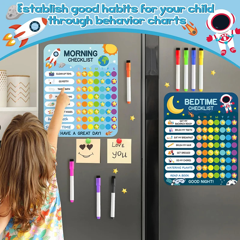 154pcs Outer Theme Morning Bedtime Routine Chart Decor Sign Daily Routine Checklist Schedule Board Magnetic Dry Erase Daily Chor