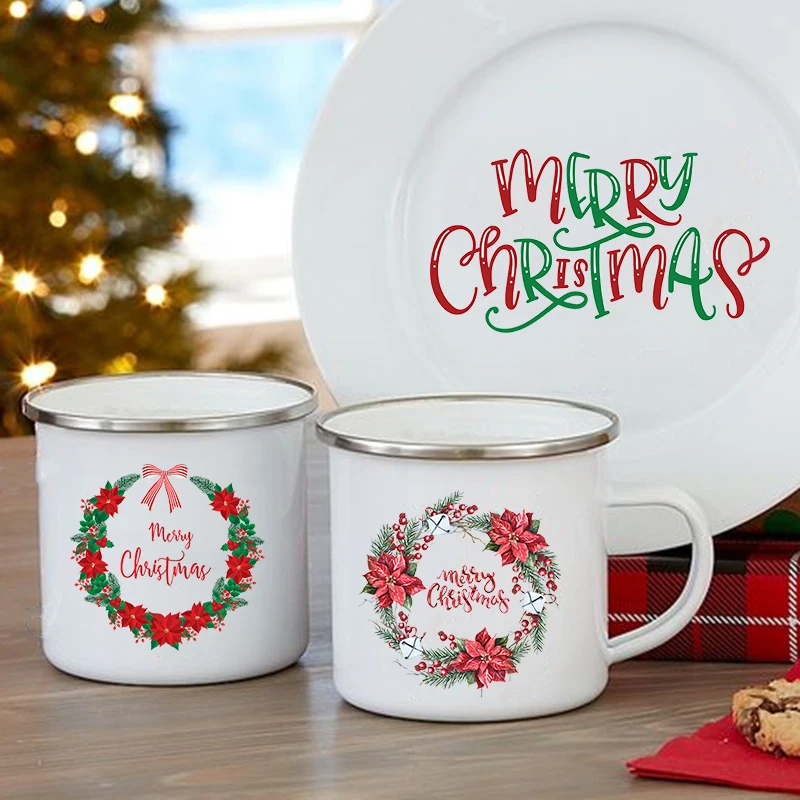 

Flower Merry Christmas Enamel Mugs Creative Party Coffee Wine Cup Drink Dessert Cocoa Chocolate Mugs Handle Drinkware Xmas Gifts