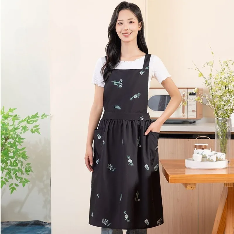 Kitchen garden water repellent dress apron women's cross back long pleated apron, used for cooking work
