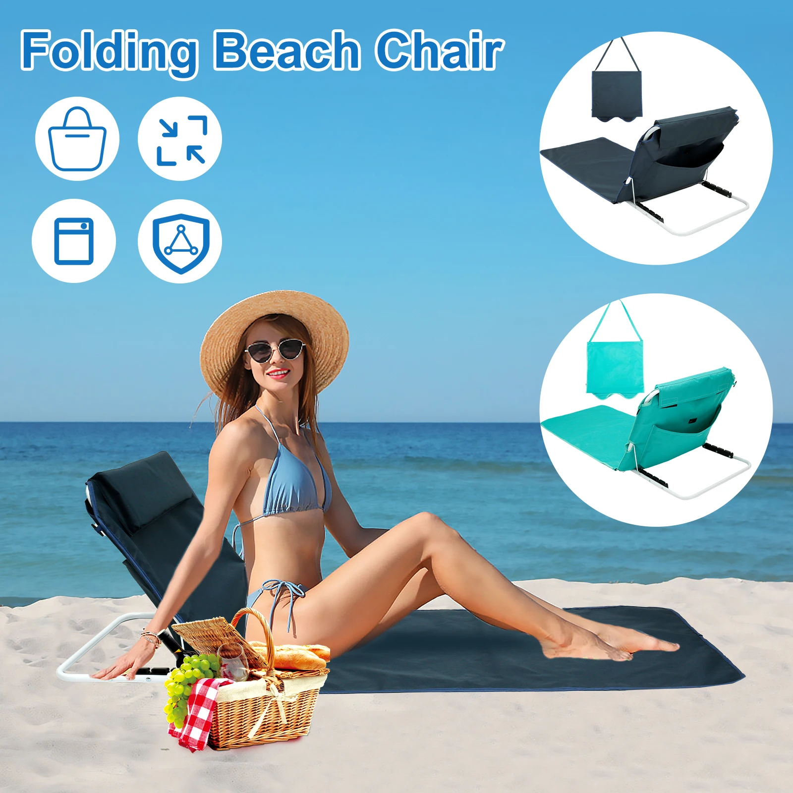 

Beach Chair Folding Lounge Chairs for Adults Lightweight Lawn Chair Portable Beach Mat Lounge Chair with Adjustable Shoulder