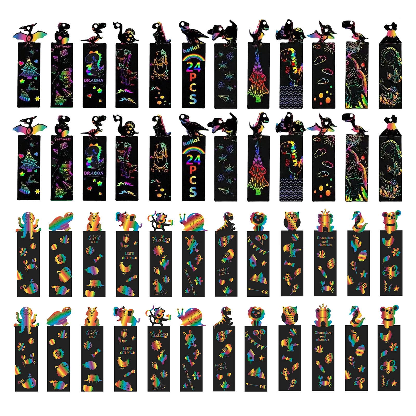 

48pcs Gift Birthday Scratching Art Bookmark With Ribbon Animal Theme For Kids Classroom DIY Craft Hang Tag Bamboo Stylus Party