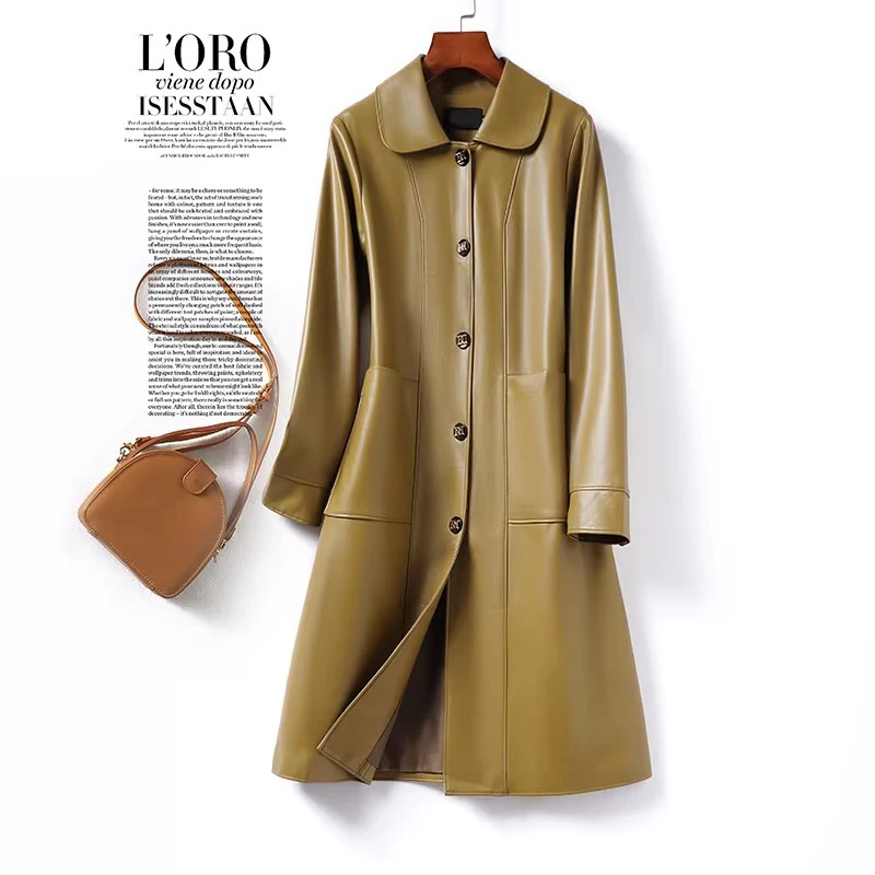 New Women Split Leather Long Coat Spring Autumn Fashion Turn-down Collar Single Breasted Slim Leather Coat Casual Daily Coat view 3
